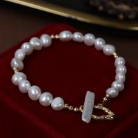 Cultured Freshwater Pearl Brass Bracelet, with Brass, gold color plated, fashion jewelry & for woman, white, 7-8mm,5x22-23mm Approx 17 cm 
