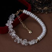 Cultured Freshwater Pearl Brass Bracelet, with Clear Quartz & Brass, with 4cm extender chain, gold color plated, fashion jewelry & for woman, white, 6-7mm Approx 17 cm 