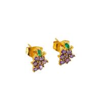 Stainless Steel Cubic Zirconia Stud Earring, 304 Stainless Steel, Grape, 18K gold plated, fashion jewelry & micro pave cubic zirconia & for woman, golden, 9mm 