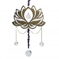 Beech Wood Windbell, with Crystal & Amethyst & Iron, Flower, gold color plated, for home and office 330mm 