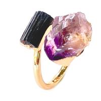 Gemstone Brass Finger Ring, with Schorl & Amethyst, gold color plated, Adjustable & fashion jewelry & for woman Inner Approx 17mm 