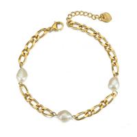 Edelstahl Armbänder, 304 Edelstahl, mit Harz-Perle, mit Verlängerungskettchen von 4CM, plattiert, für Frau, goldfarben, Länge:ca. 19 cm, verkauft von PC