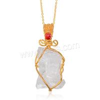 Agate Brass Pendants, with Agate & Clear Quartz, irregular, gold color plated, DIY 15-25x45-65mm 