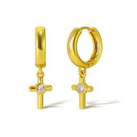 Cubic Zirconia Micro Pave Brass Earring, Cross, real gold plated, micro pave cubic zirconia & for woman, golden 
