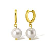 Huggie Hoop Drop Earring, Brass, with Plastic Pearl, real gold plated, for woman 