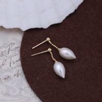Freshwater Pearl Brass Earring, gold color plated, fashion jewelry & for woman, white, 6-7x11-12mm 