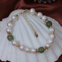Cultured Freshwater Pearl Brass Bracelet, with Hetian Jade & Brass, with 4.5cm extender chain, gold color plated, fashion jewelry & for woman, mixed colors, 7-9mm Approx 17 cm 