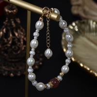 Cultured Freshwater Pearl Brass Bracelet, with Strawberry Quartz & Brass, with 5cm extender chain, gold color plated, fashion jewelry & for woman, mixed colors, 6-7mm Approx 17 cm 