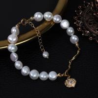 Cultured Freshwater Pearl Brass Bracelet, with Brass, with 5cm extender chain, gold color plated, fashion jewelry & for woman & with rhinestone, white, 7-8mm Approx 17 cm 