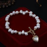 Cultured Freshwater Pearl Brass Bracelet, with Resin & Brass, Heart, gold color plated, fashion jewelry & for woman & with rhinestone, white, 5-6mm Approx 17 cm 