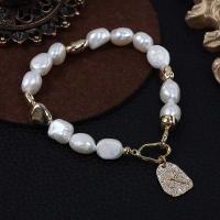 Cultured Freshwater Pearl Brass Bracelet, with Brass, gold color plated, fashion jewelry & for woman, white, 8-9mm Approx 17 cm 
