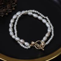 Cultured Freshwater Pearl Brass Bracelet, with Brass, gold color plated, Double Layer & fashion jewelry & for woman, white, 3-4mm,5-6mm Approx 17 cm 