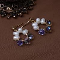 Freshwater Pearl Brass Earring, with Crystal & Brass, gold color plated, fashion jewelry & for woman, mixed colors, 27mm 