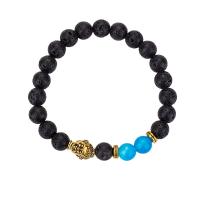 Lava Bead Bracelet, with Chalcedony & Zinc Alloy, Round, gold color plated, fashion jewelry & Unisex, mixed colors, 8mm Approx 18 cm 
