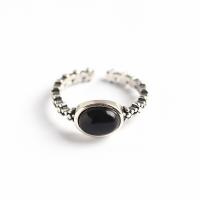 Sterling Silver Finger Ring, 925 Sterling Silver, with Black Agate, Antique finish, fashion jewelry & for woman, US Ring 