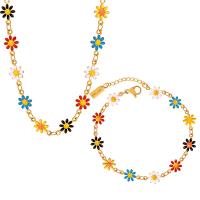 Titanium Steel Jewelry Set, with 1.97inch,1.18inch extender chain, Daisy, Vacuum Ion Plating & for woman & enamel, golden, 7.5mm Approx 16.54 Inch, Approx 6.69 Inch 