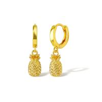 Brass Huggie Hoop Drop Earring, Pineapple, real gold plated, for woman, golden 