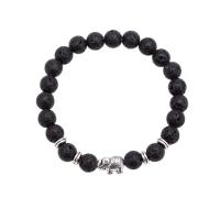 Lava Bead Bracelet, with Zinc Alloy, Round, silver color plated, fashion jewelry & Unisex, black, 8mm Approx 18 cm 