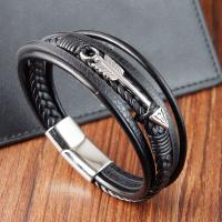PU Leather Cord Bracelets, with 304 Stainless Steel, arrowhead, vintage & for man, black cm 