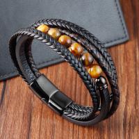 PU Leather Cord Bracelets, with Tiger Eye & 304 Stainless Steel, vintage & for man, black cm 