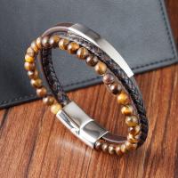 PU Leather Cord Bracelets, with Tiger Eye & 304 Stainless Steel, vintage & for man, brown cm 