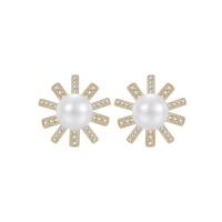 Cubic Zirconia Micro Pave Brass Earring, with Cubic Zirconia & Plastic Pearl, Flower, plated, fashion jewelry & for woman 