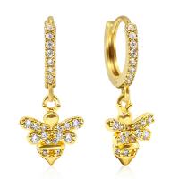 Cubic Zirconia Micro Pave Brass Earring, Bee, real gold plated, micro pave cubic zirconia & for woman, golden 