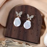 Freshwater Pearl Brass Earring, with Brass, fashion jewelry & for woman & with rhinestone, white, 15-16x13-14mm 