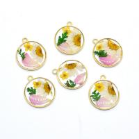 Resin Jewelry Pendant, with Dried Flower & Zinc Alloy, Flat Round, gold color plated, DIY & epoxy gel, mixed colors, 25mm, Approx 