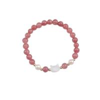 Bracelets perles de pierres semi-précieuses, Strawberry Quartz, avec coquille & perle d'eau douce cultivée & laiton, Placage, bijoux de mode, rose cm, Vendu par PC[