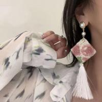 Fashion Tassel Earring, Zinc Alloy, with Cotton Thread & Cloth & Plastic Pearl, fashion jewelry 