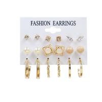 Plastic Pearl Zinc Alloy Earring, with Cats Eye & Plastic Pearl, gold color plated, nine pieces & for woman & with rhinestone, earring length 6-30mm 