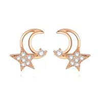 Rhinestone Brass Stud Earring, Moon and Star, rose gold color plated, for woman & with rhinestone & hollow 