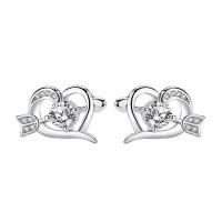 Rhinestone Brass Stud Earring, Heart, platinum plated, for woman & with rhinestone & hollow 