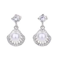 Cubic Zirconia Micro Pave Brass Earring, with Plastic Pearl, Shell, plated, micro pave cubic zirconia & for woman & hollow 