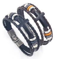 Cowhide Bracelets, with PU Leather & Zinc Alloy, Cross, plated, multilayer & for man Approx 8.3 Inch [