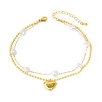 Titanium Steel Bracelet & Bangle, with Plastic Pearl, with 1.57inch extender chain, Heart, plated, Double Layer & fashion jewelry & for woman, golden Approx 8.27 Inch 