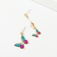 Asymmetric Earrings, Zinc Alloy, with Plastic Pearl, Butterfly, gold color plated, for woman & with rhinestone, multi-colored  