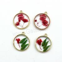 Resin Jewelry Pendant, with Dried Flower & Zinc Alloy, Flat Round, gold color plated, DIY & epoxy gel Approx 