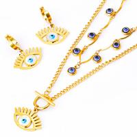 Evil Eye Jewelry Set, Titanium Steel, with Shell, with 1.97inch extender chain, plated, Double Layer & for woman, golden, 25mm,25*25mm Approx 15.35 Inch, Approx 18.5 Inch 