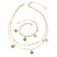 Evil Eye Jewelry Set, Titanium Steel, with 2.36inch,1.77inch extender chain, plated, Double Layer & for woman & epoxy gel, golden Approx 15.55 Inch, Approx 17.13 Inch, Approx 6.3 Inch 