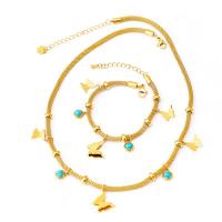Turquoise Jewelry Sets, Titanium Steel, with turquoise, with 2.36inch,1.77inch extender chain, Butterfly, plated, fashion jewelry & for woman, golden Approx 16.54 Inch, Approx 6.5 Inch 