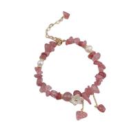 Gemstone Pearl Bracelets, Strawberry Quartz, with Freshwater Pearl & Brass, with 5cm extender chain, Flower, plated, fashion jewelry .5 cm 