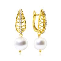 Cubic Zirconia Micro Pave Brass Earring, with Plastic Pearl, real gold plated, micro pave cubic zirconia & for woman, gold 