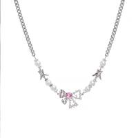 Titanium Steel Jewelry Necklace, with Plastic Pearl & Zinc Alloy, with 6.1cm extender chain, fashion jewelry & micro pave cubic zirconia & for woman, silver color Approx 44.5 cm 