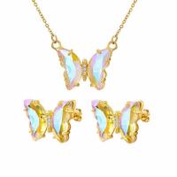 Cubic Zirconia Micro Pave Brass Jewelry Sets, Stud Earring & necklace, with Glass, Vacuum Ion Plating, fashion jewelry & micro pave cubic zirconia & for woman, multi-colored, Necklaceuff1a43+5cm *1.5cm [