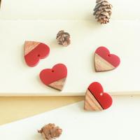Original Wood Pendants, with Resin, Heart, DIY, red Approx [