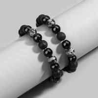 Lava Bead Bracelet, with Snowflake Obsidian, Unisex black Approx 20 cm 