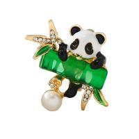 Enamel Brooch, Zinc Alloy, with Plastic Pearl, Panda, plated, for woman & with rhinestone, green 