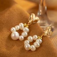 Freshwater Pearl Brass Earring, with Brass, real gold plated, fashion jewelry & micro pave cubic zirconia & for woman, white 